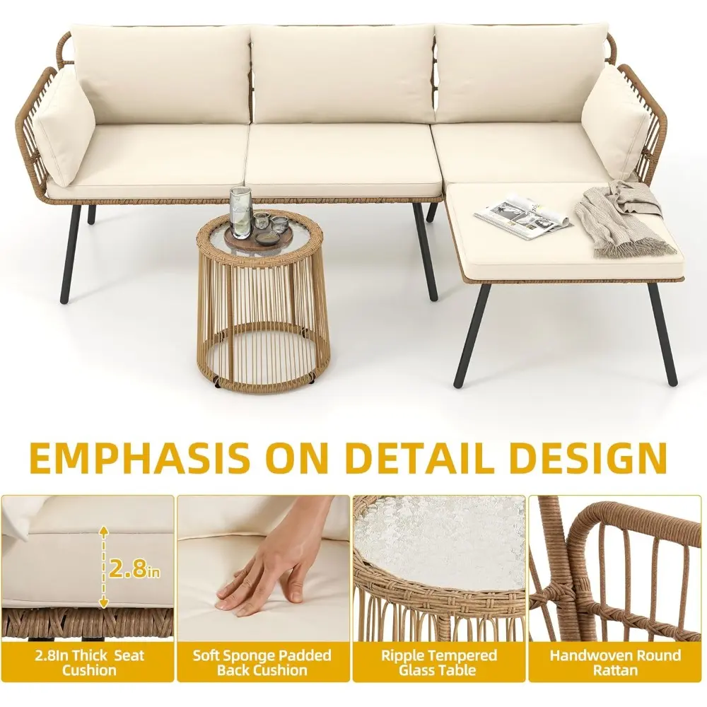 3 Pieces Patio Furniture Set, Wicker Conversation Sectional Sofa, L-Shaped Sofa with 4 Seater for Backyard, Porch, Boho Detacha