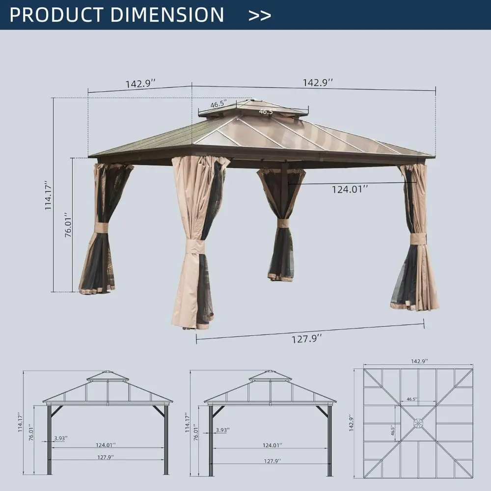 Aluminum Outdoor Gazebo, 12x12 Feet, with Double Polycarbonate Roof, Curtains, and Netting for Permanent Pavilion Use
