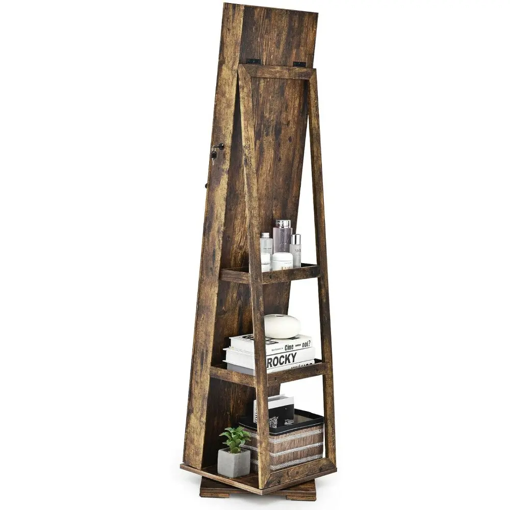 Rustic Brown 360° Rotatable Jewelry Armoire Lockable Jewelry Cabinet Organizer Full Length Make-Up Mirror Large Storage Space F
