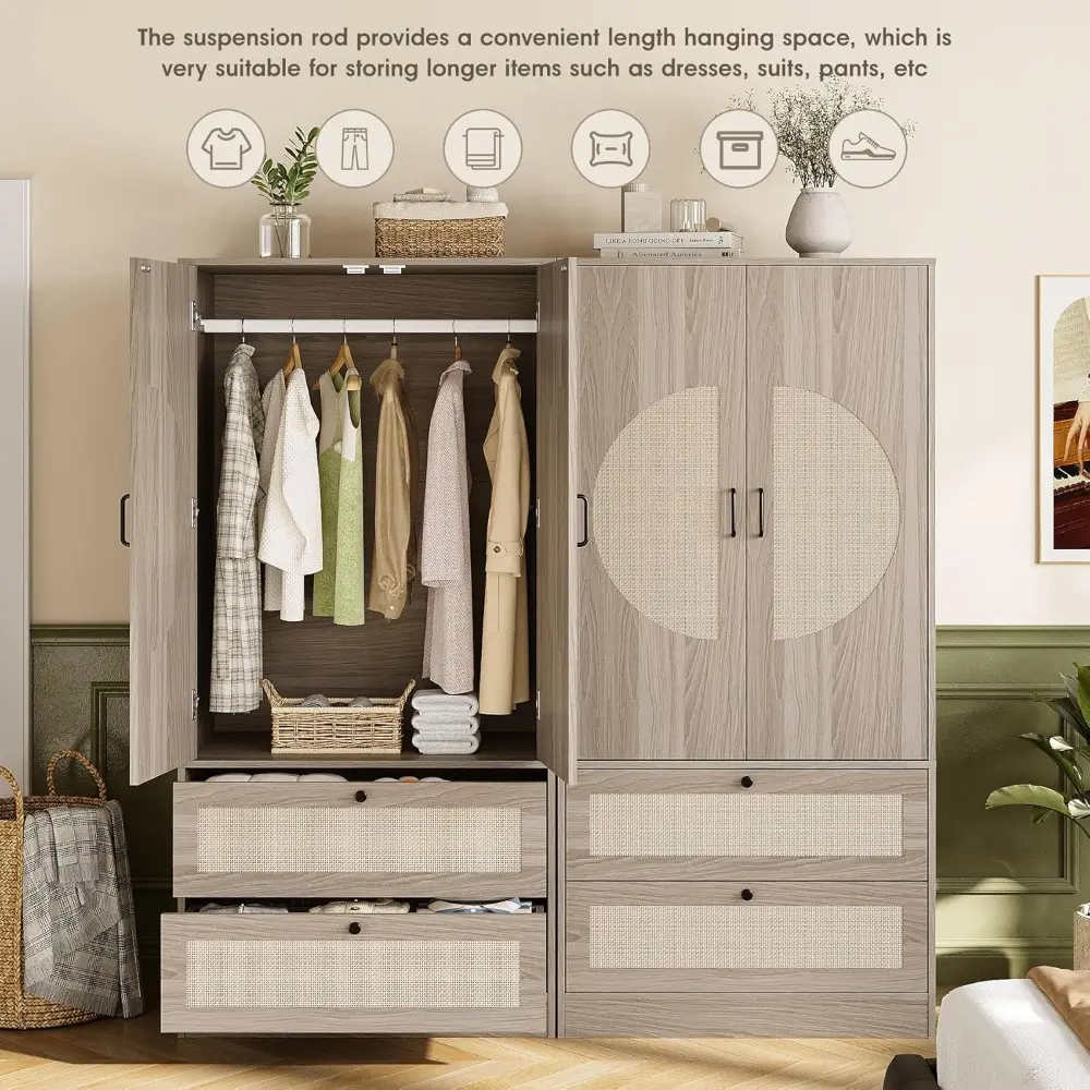 Modern Boho Wardrobe Closet, 65"H Wooden Rattan Bedroom Armoires with Door, 2 Drawers and Hanging Rod, Freestanding Large Capac