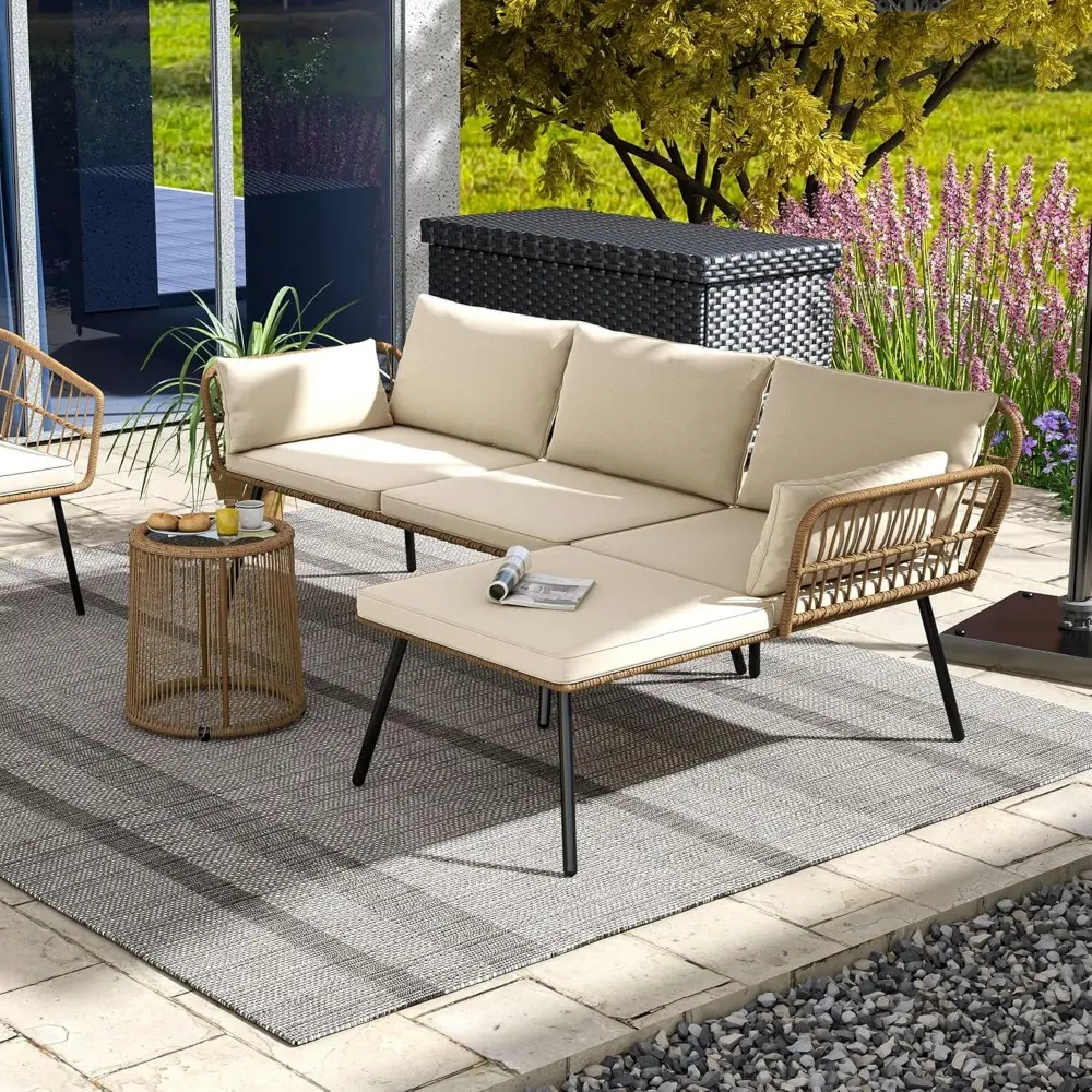 3 Pieces Patio Furniture Set, Wicker Conversation Sectional Sofa, L-Shaped Sofa with 4 Seater for Backyard, Porch, Boho Detacha