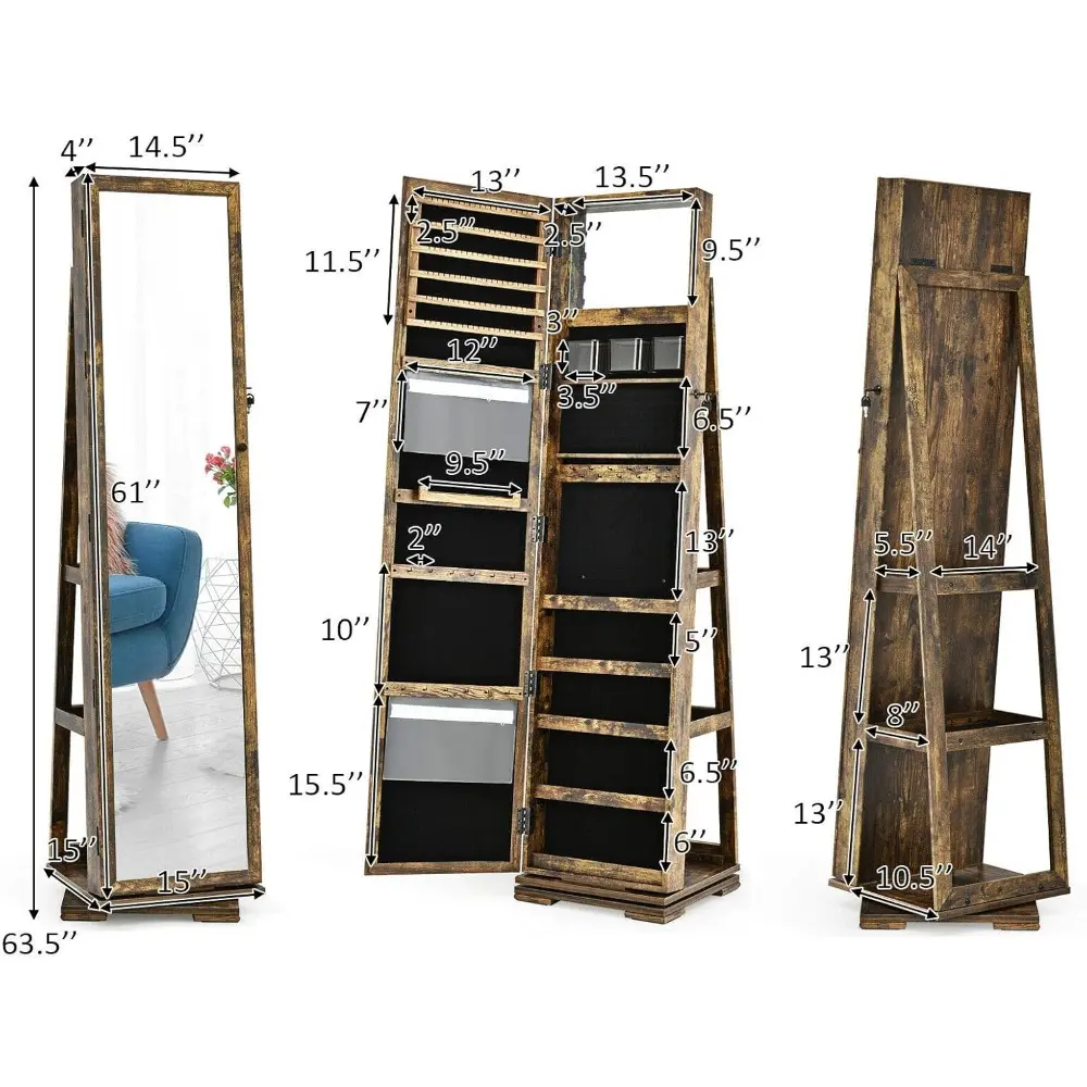 Rustic Brown 360° Rotatable Jewelry Armoire Lockable Jewelry Cabinet Organizer Full Length Make-Up Mirror Large Storage Space F