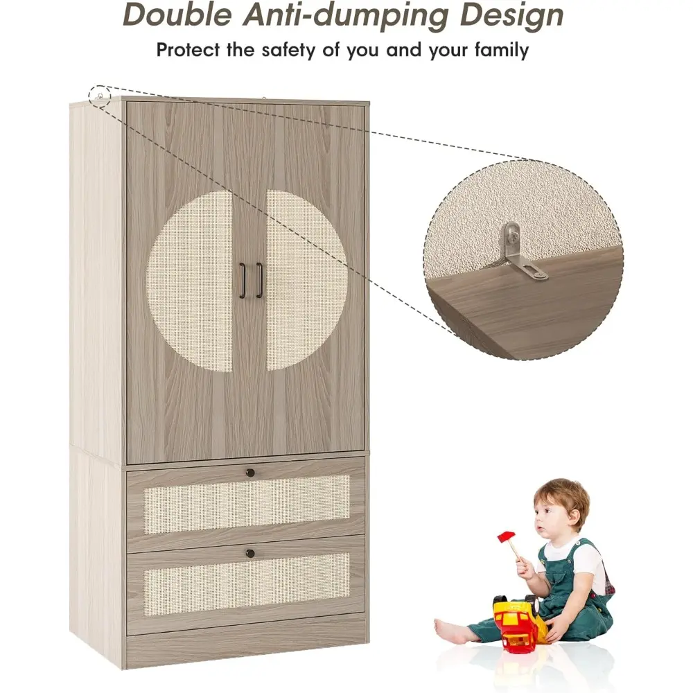 Modern Boho Wardrobe Closet, 65"H Wooden Rattan Bedroom Armoires with Door, 2 Drawers and Hanging Rod, Freestanding Large Capac