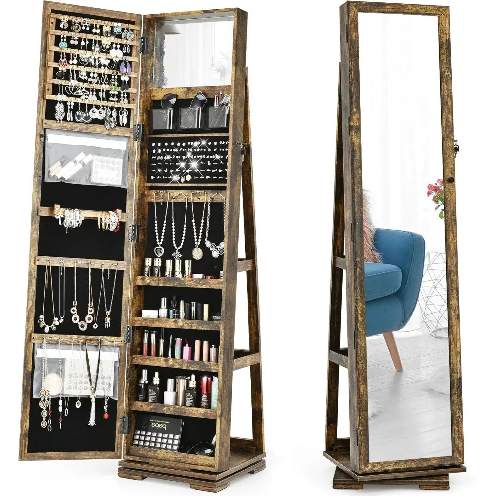 Rustic Brown 360° Rotatable Jewelry Armoire Lockable Jewelry Cabinet Organizer Full Length Make-Up Mirror Large Storage Space F