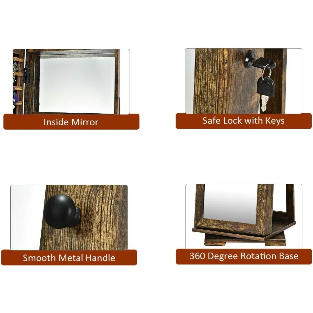 Rustic Brown 360° Rotatable Jewelry Armoire Lockable Jewelry Cabinet Organizer Full Length Make-Up Mirror Large Storage Space F