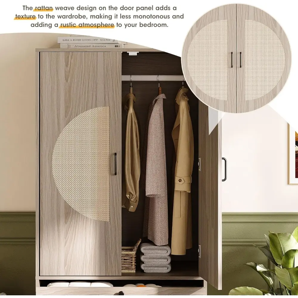 Modern Boho Wardrobe Closet, 65"H Wooden Rattan Bedroom Armoires with Door, 2 Drawers and Hanging Rod, Freestanding Large Capac