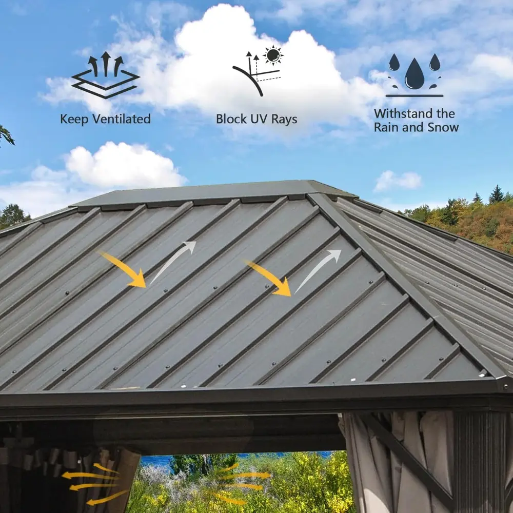 Aluminum Outdoor Gazebo with Galvanized Steel Roof, Curtains, and Netting for Decks and Gardens, 10x12 Feet