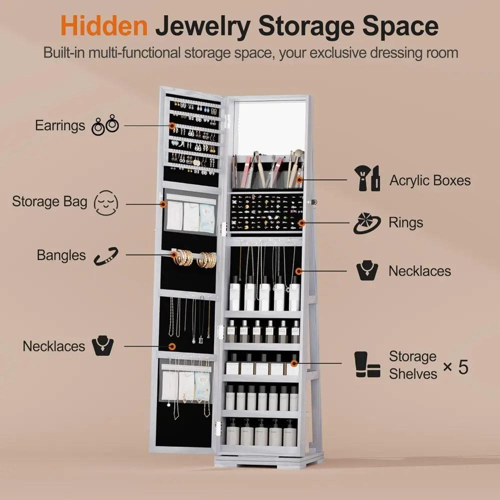 360° Rotating 66'' Jewelry Armoire with Lockable,Full Length Mirror Large Capacity Jewelry Organizer Armoire,Floor Standing Mir