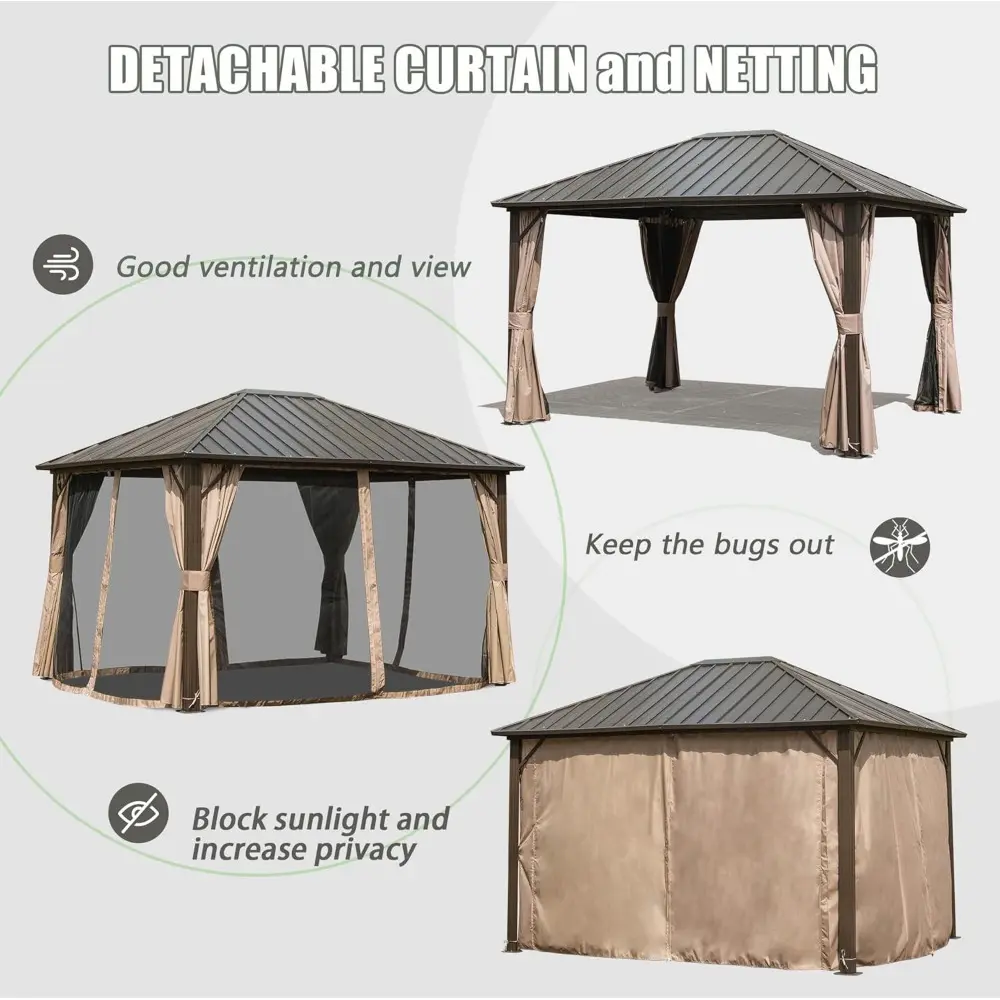 Aluminum Outdoor Gazebo with Galvanized Steel Roof, Curtains, and Netting for Decks and Gardens, 10x12 Feet