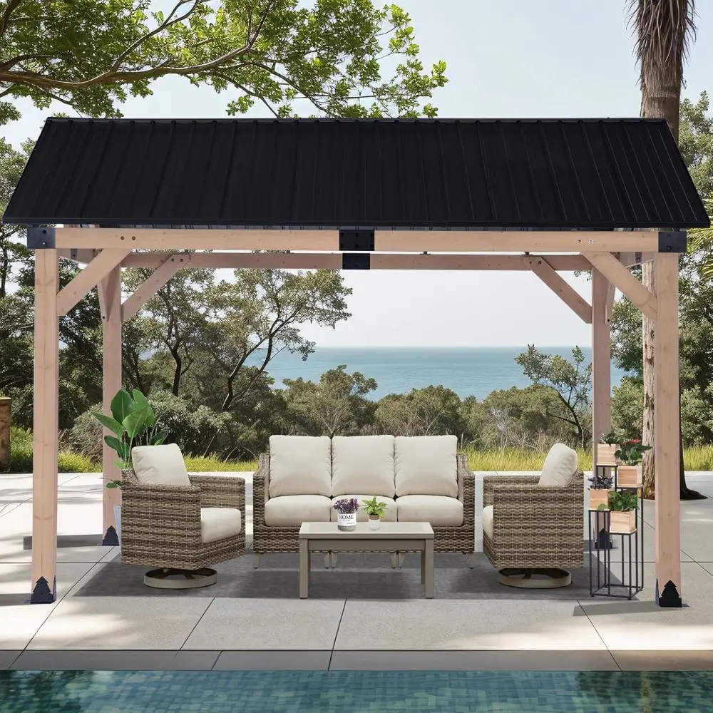 Natural Cedar Frame Hardtop Gazebo with Steel Roof, Outdoor Pavilion for Driveway and Garden Use