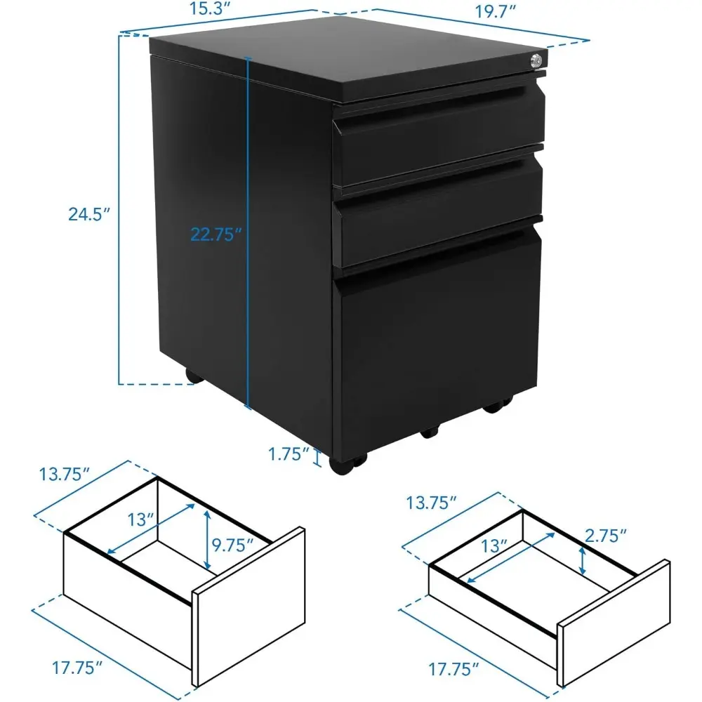 Mount-It! 3 Drawer File Cabinet with Lock and Wheels, Under Desk Storage Filing Pedestal for Home Office, No Assembly Small Roll