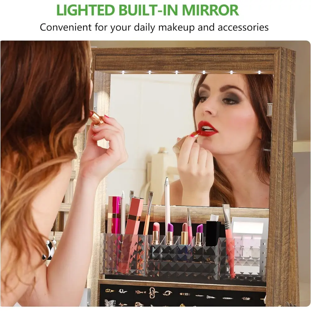360° Swivel Mirrored Jewelry Armoire with 6 LEDS, Full Length Mirror with Jewelry Storage, Lockable Floor Standing Mirror with