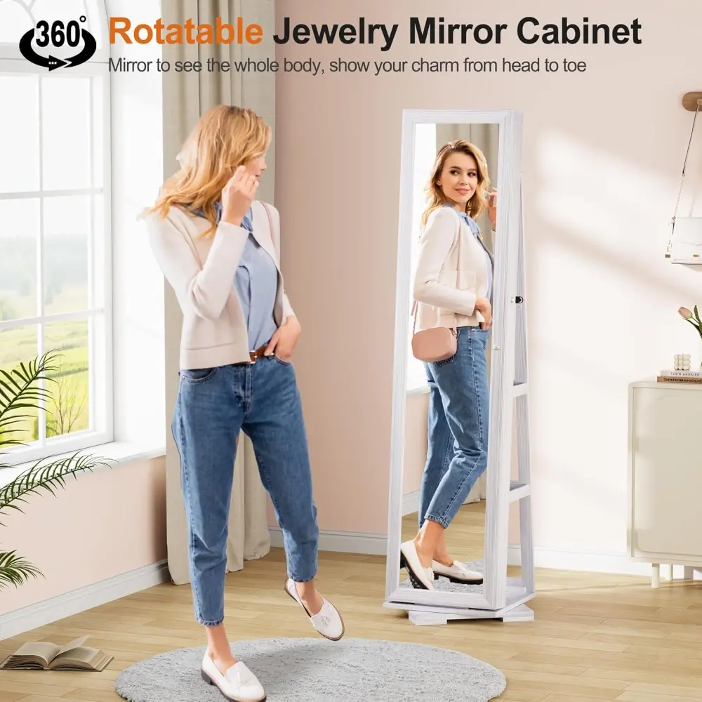 360° Rotating 66'' Jewelry Armoire with Lockable,Full Length Mirror Large Capacity Jewelry Organizer Armoire,Floor Standing Mir