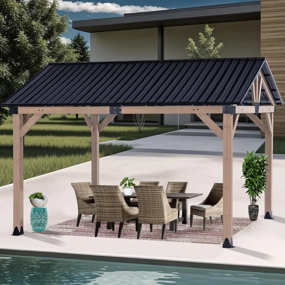 Natural Cedar Frame Hardtop Gazebo with Steel Roof, Outdoor Pavilion for Driveway and Garden Use