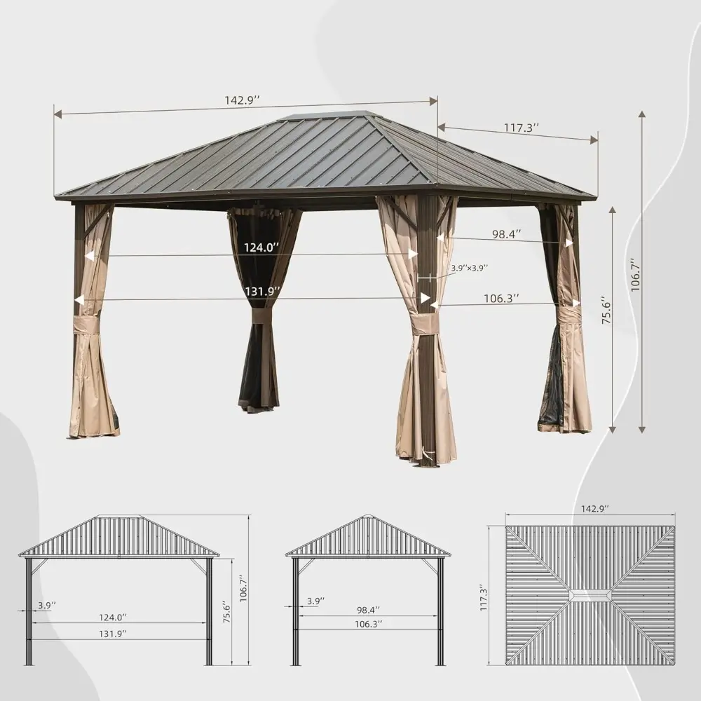 Aluminum Outdoor Gazebo with Galvanized Steel Roof, Curtains, and Netting for Decks and Gardens, 10x12 Feet