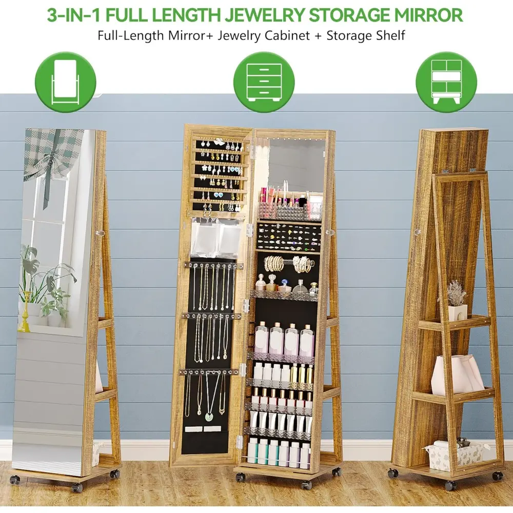 360° Swivel Mirrored Jewelry Armoire with 6 LEDS, Full Length Mirror with Jewelry Storage, Lockable Floor Standing Mirror with