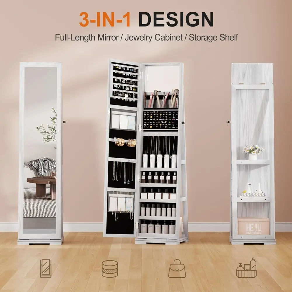 360° Rotating 66'' Jewelry Armoire with Lockable,Full Length Mirror Large Capacity Jewelry Organizer Armoire,Floor Standing Mir