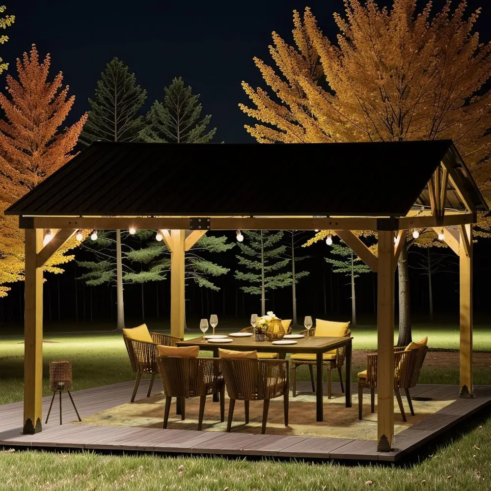Natural Cedar Frame Hardtop Gazebo with Steel Roof, Outdoor Pavilion for Driveway and Garden Use