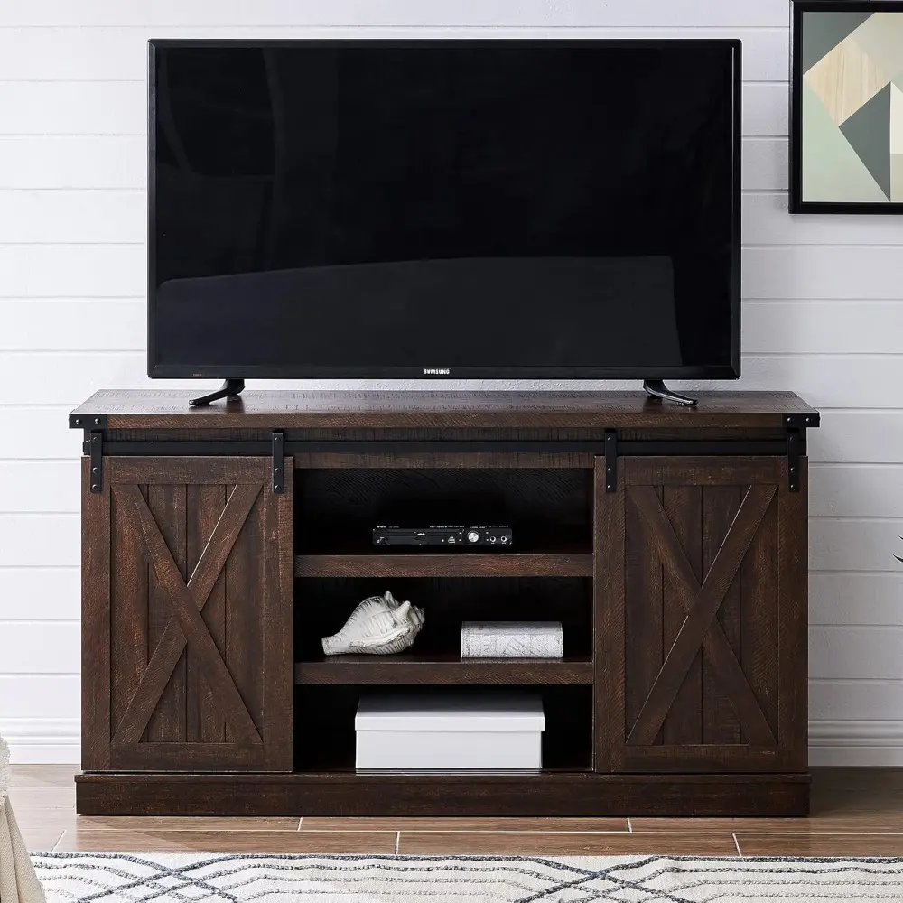 Farmhouse TV Stand for 60 Inch TV, Wood TV Stand with Sliding Barn Door, Entertainment Center with Storage Cabinet, Rustic Medi
