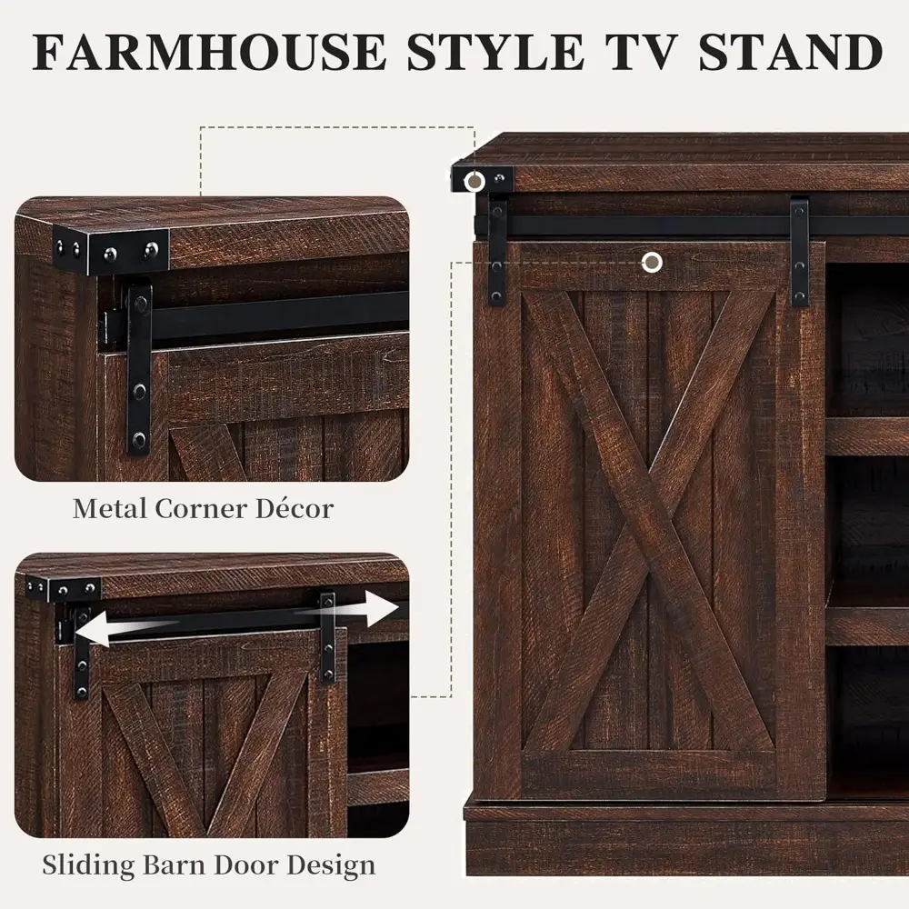 Farmhouse TV Stand for 60 Inch TV, Wood TV Stand with Sliding Barn Door, Entertainment Center with Storage Cabinet, Rustic Medi