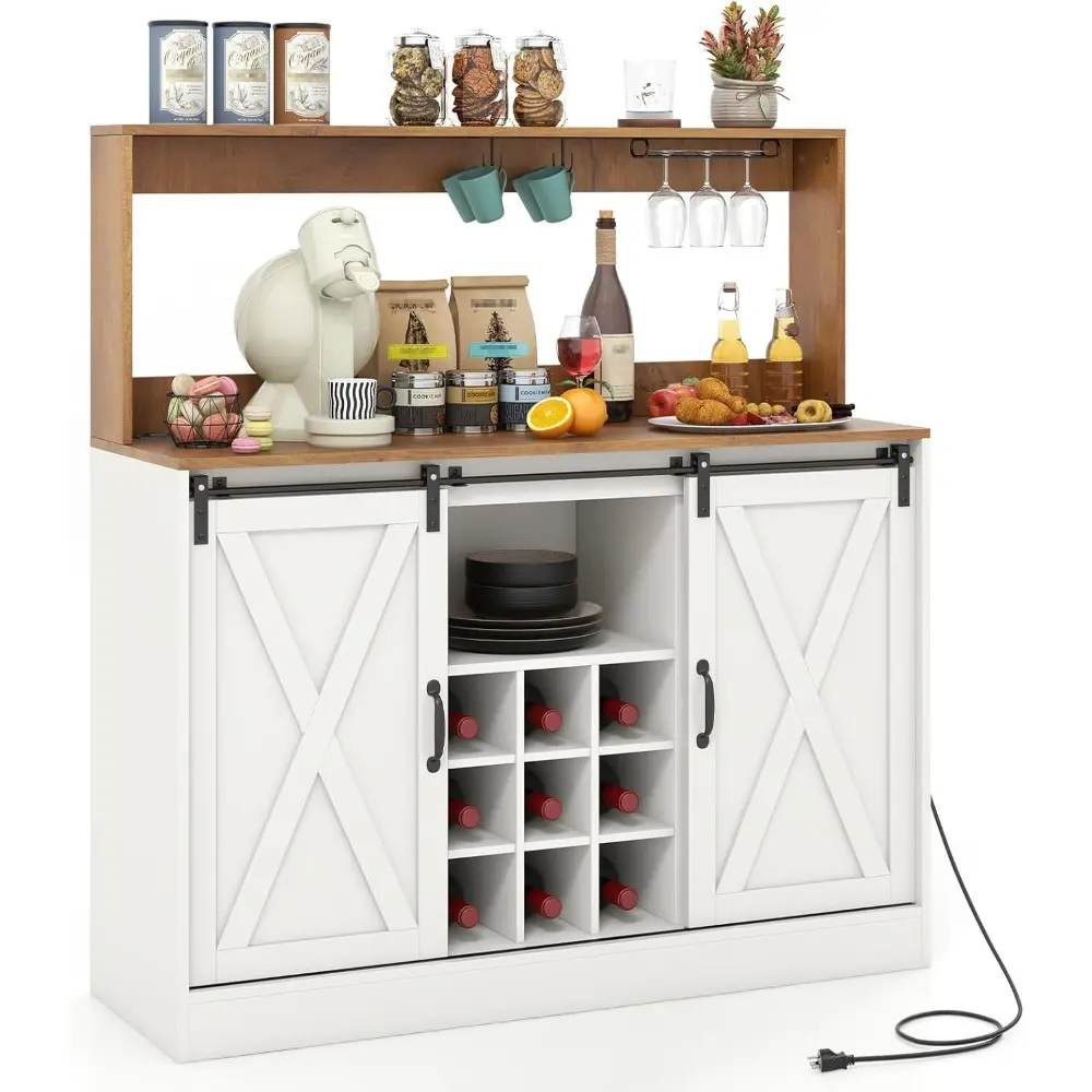 Farmhouse Buffet Cabinet with Hutch, Outlet, 9 Bottle Wine Rack, Glass Holder, Hooks, Sliding Barn Door, Adjustable Shelf, Side