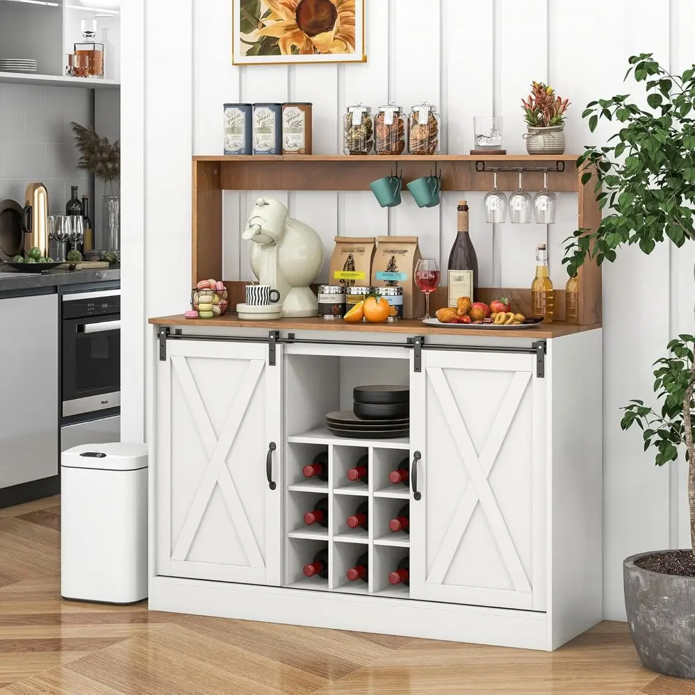 Farmhouse Buffet Cabinet with Hutch, Outlet, 9 Bottle Wine Rack, Glass Holder, Hooks, Sliding Barn Door, Adjustable Shelf, Side