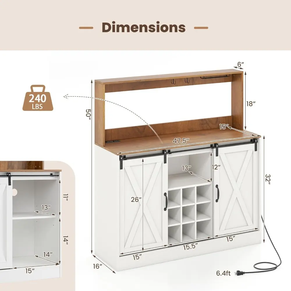 Farmhouse Buffet Cabinet with Hutch, Outlet, 9 Bottle Wine Rack, Glass Holder, Hooks, Sliding Barn Door, Adjustable Shelf, Side