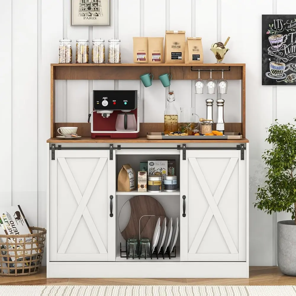 Farmhouse Buffet Cabinet with Hutch, Outlet, 9 Bottle Wine Rack, Glass Holder, Hooks, Sliding Barn Door, Adjustable Shelf, Side
