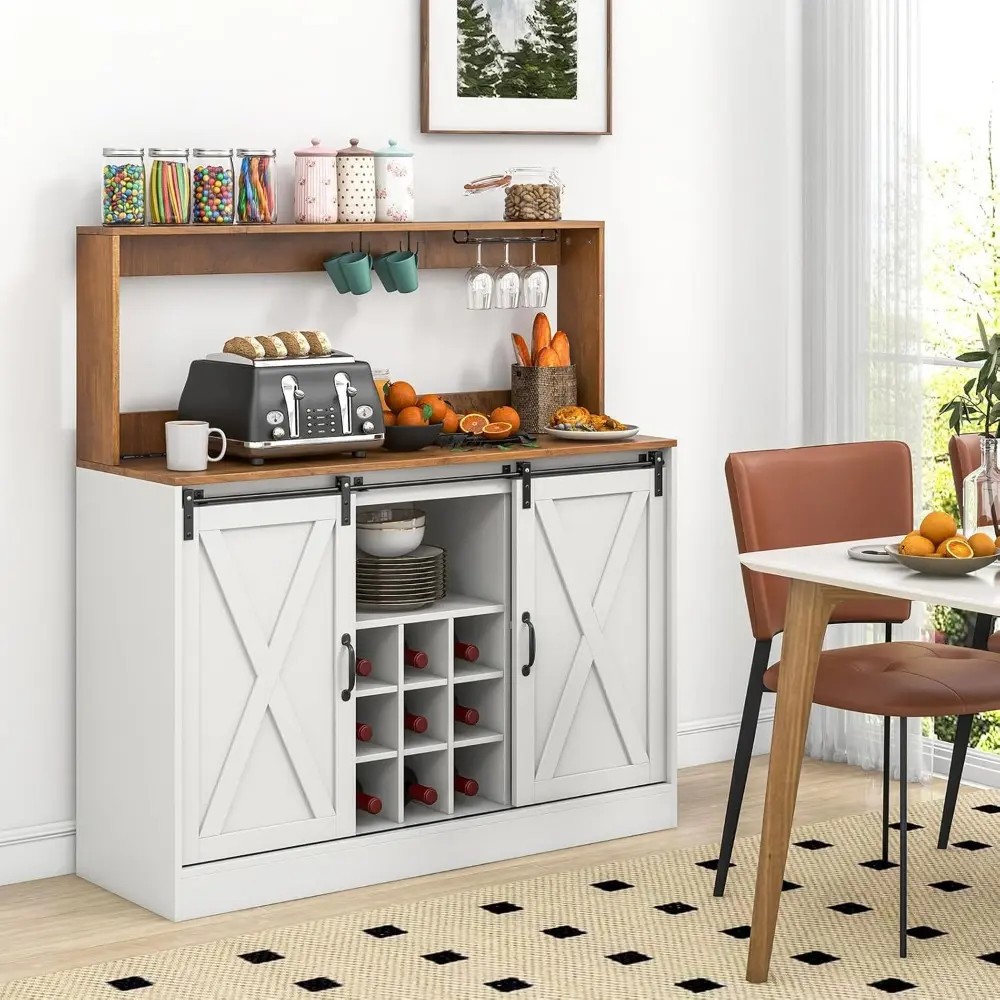 Farmhouse Buffet Cabinet with Hutch, Outlet, 9 Bottle Wine Rack, Glass Holder, Hooks, Sliding Barn Door, Adjustable Shelf, Side