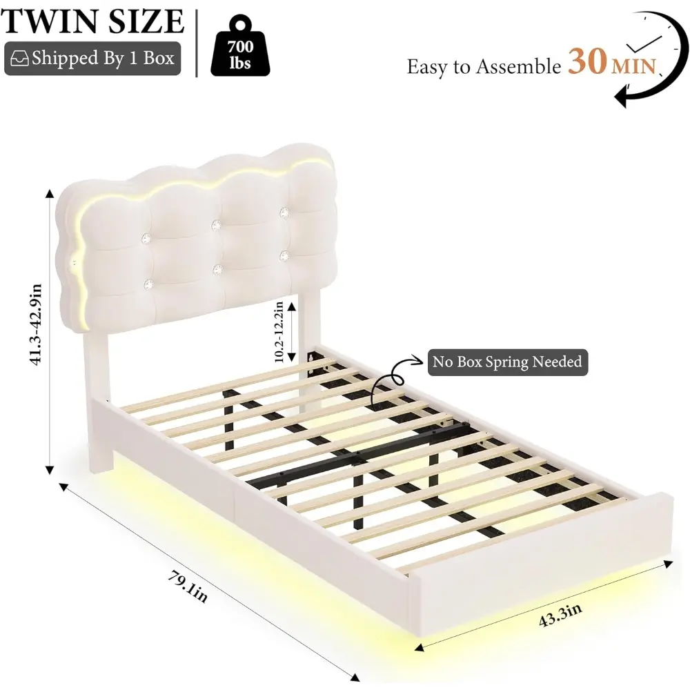 HIFIT 2 Set Upholstered Twin Size LED Bed Frame with Charging Station, Adjustable Crystal-Tufted Puffs Headboard, Velvet Girls F