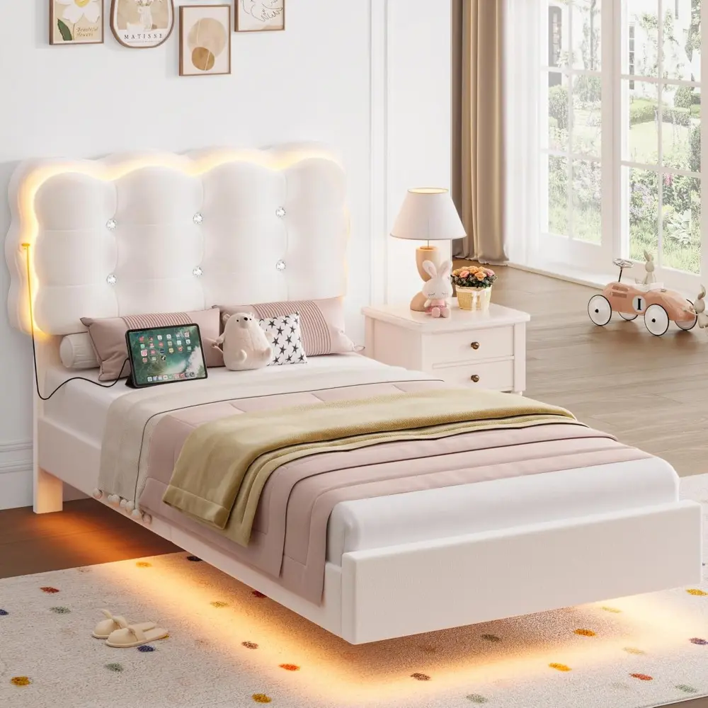HIFIT 2 Set Upholstered Twin Size LED Bed Frame with Charging Station, Adjustable Crystal-Tufted Puffs Headboard, Velvet Girls F