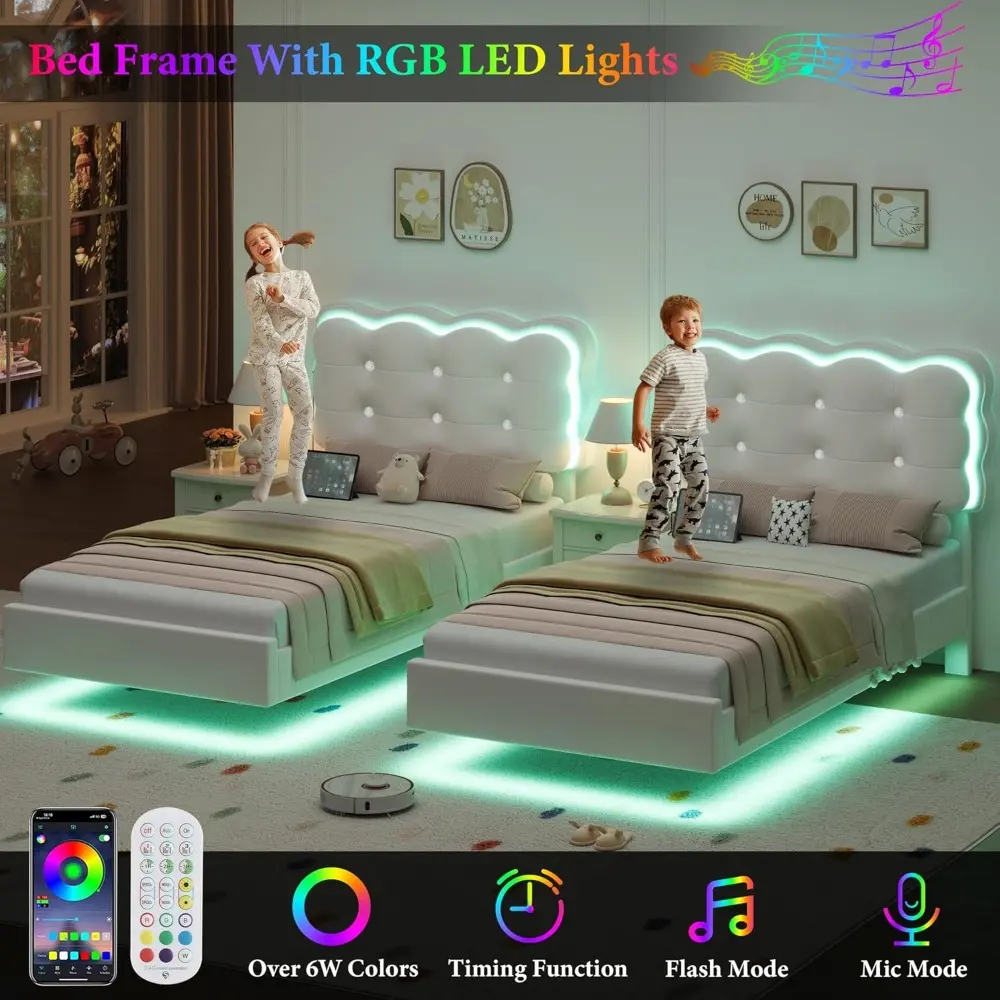 HIFIT 2 Set Upholstered Twin Size LED Bed Frame with Charging Station, Adjustable Crystal-Tufted Puffs Headboard, Velvet Girls F