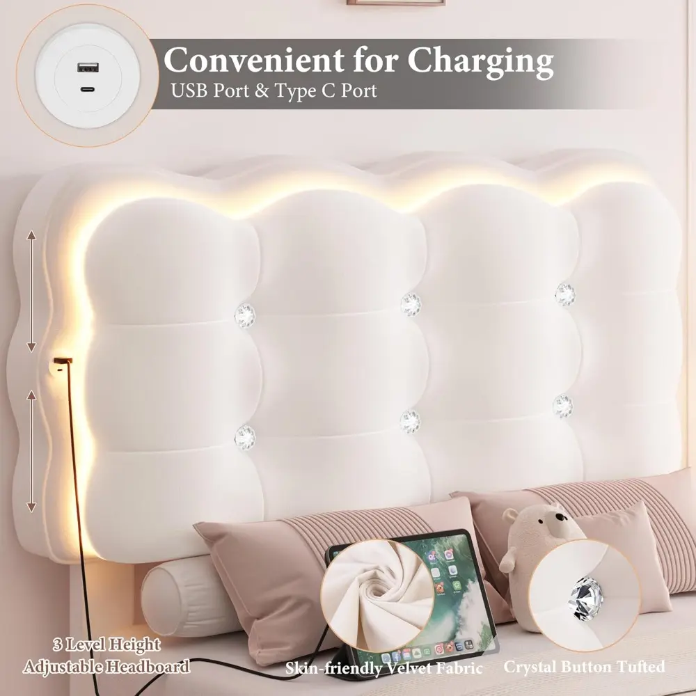 HIFIT 2 Set Upholstered Twin Size LED Bed Frame with Charging Station, Adjustable Crystal-Tufted Puffs Headboard, Velvet Girls F