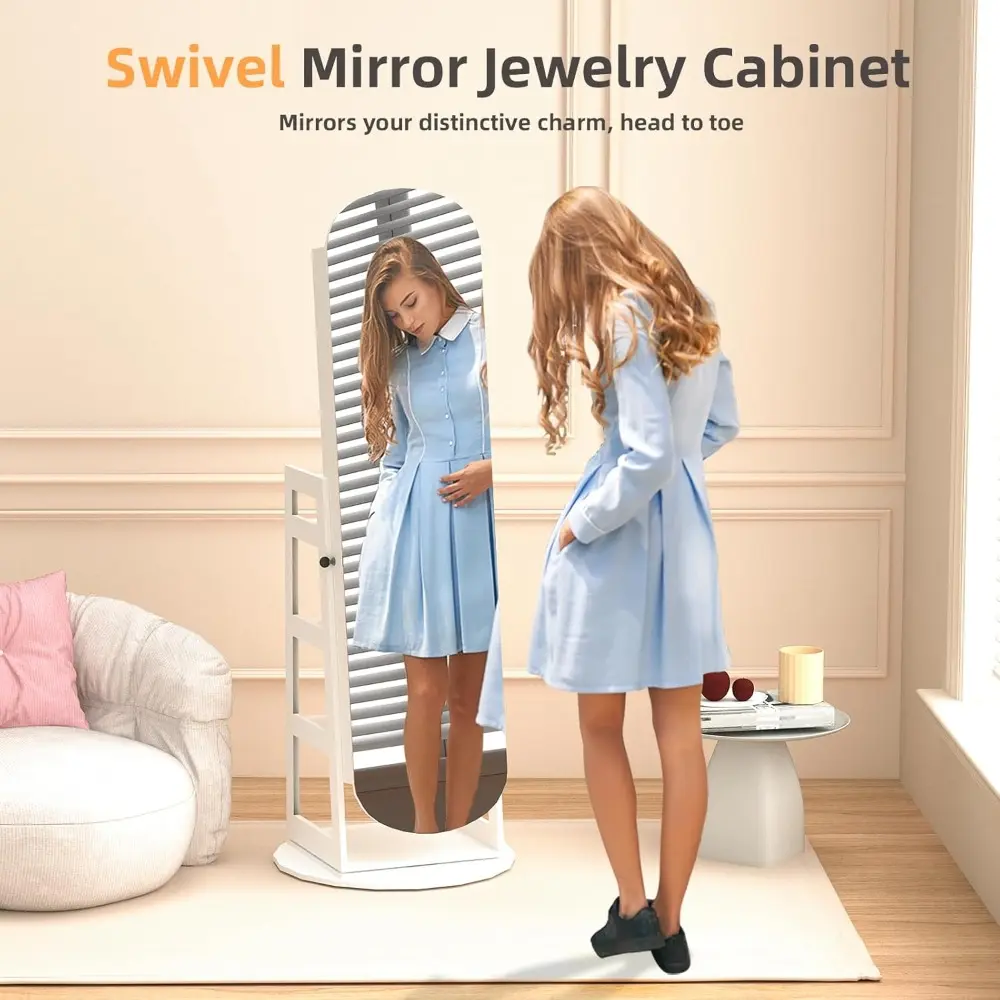 8 LEDs Jewelry Cabinet Armoire Standing, 360° Swivel Jewelry Organizer, Lockable Jewelry Storage with Rounded Wide Full-Length M
