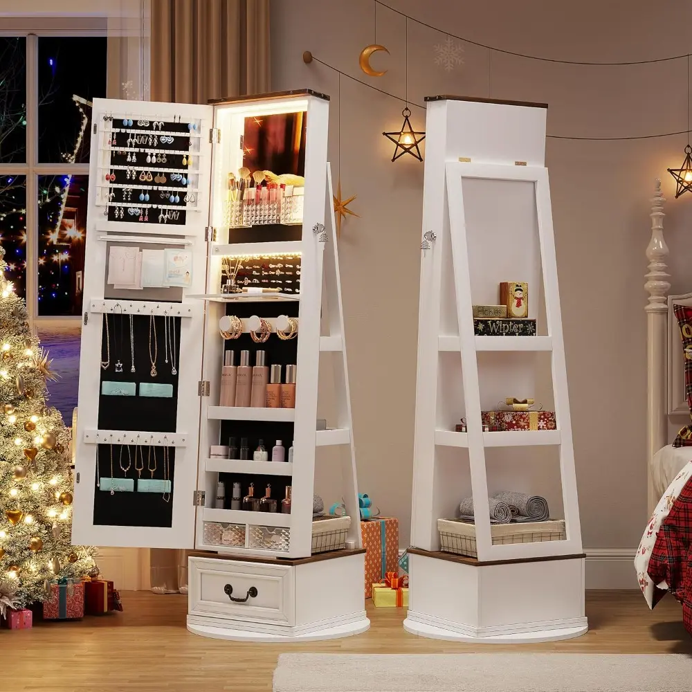 360°Swivel jewelry organizer with Full Length Mirror with Lights,Jewelry Armoire Cabinet Standing with Drawers,Large Mirror Stor