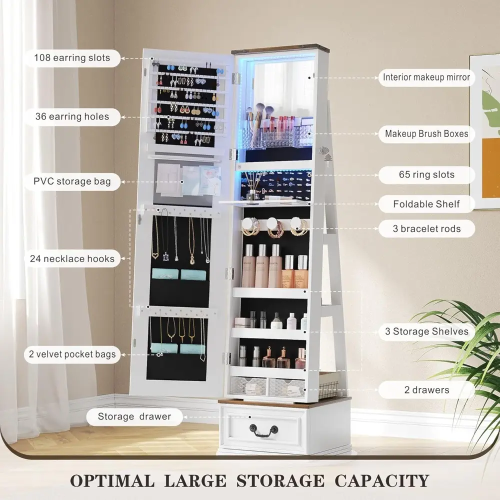 360°Swivel jewelry organizer with Full Length Mirror with Lights,Jewelry Armoire Cabinet Standing with Drawers,Large Mirror Stor