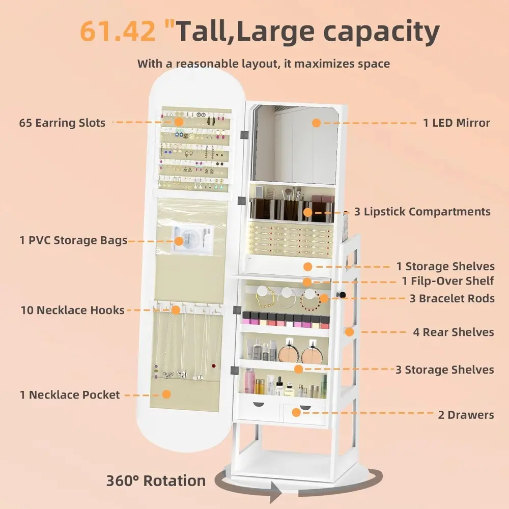 8 LEDs Jewelry Cabinet Armoire Standing, 360° Swivel Jewelry Organizer, Lockable Jewelry Storage with Rounded Wide Full-Length M