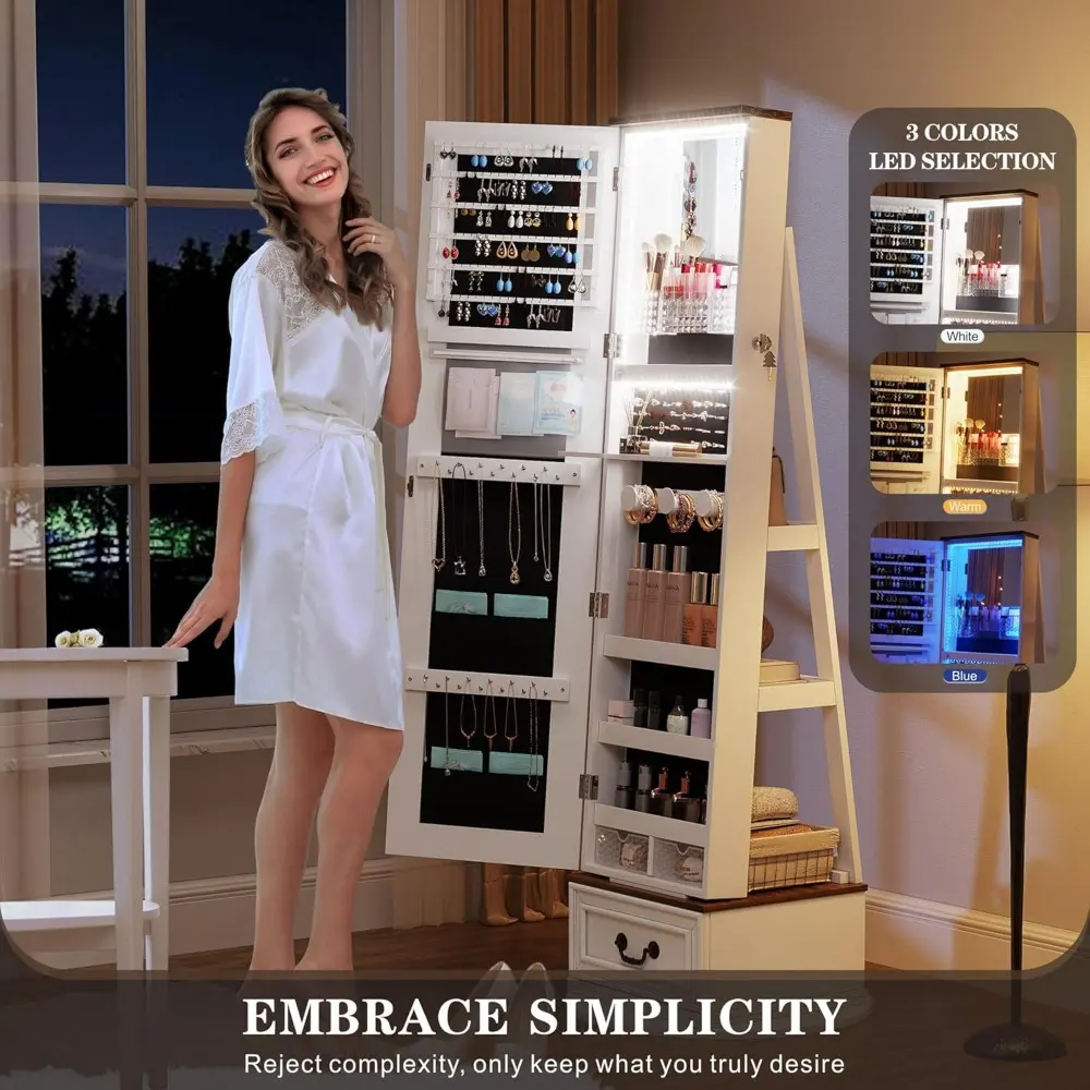 360°Swivel jewelry organizer with Full Length Mirror with Lights,Jewelry Armoire Cabinet Standing with Drawers,Large Mirror Stor