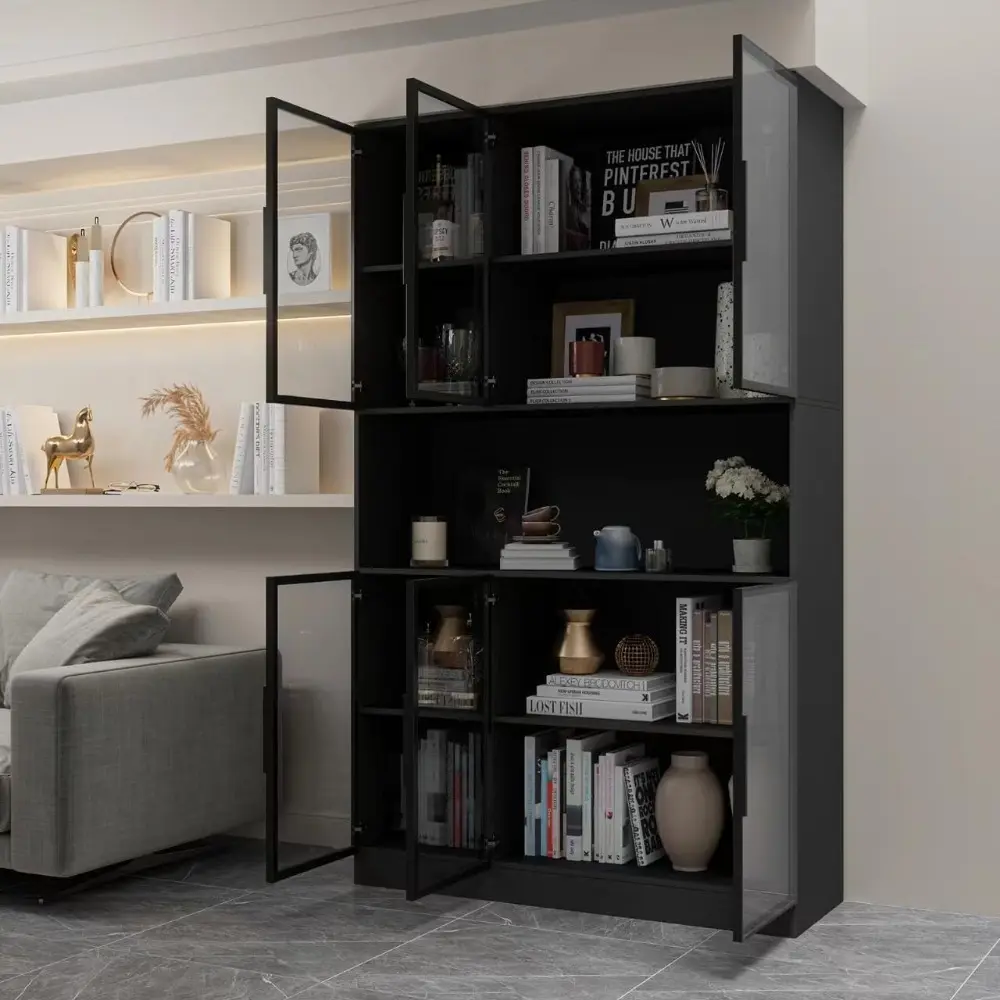 Glass Doors Display Cabinet with Lights and Shelves, Storage Cabinets Morden Bookcase Trophy Case Display Cabinet with Hutch for