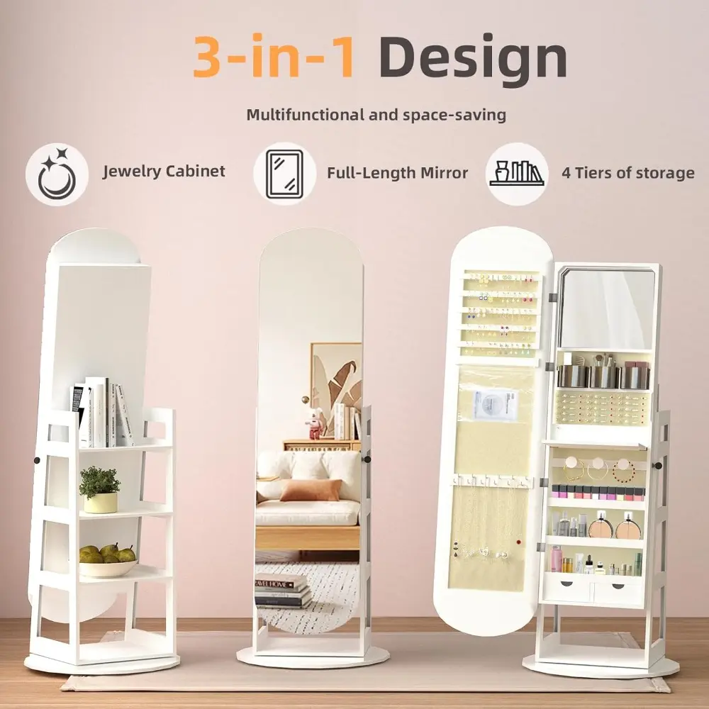 8 LEDs Jewelry Cabinet Armoire Standing, 360° Swivel Jewelry Organizer, Lockable Jewelry Storage with Rounded Wide Full-Length M