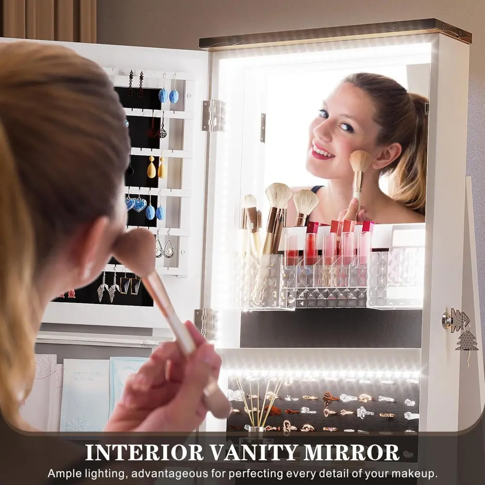 360°Swivel jewelry organizer with Full Length Mirror with Lights,Jewelry Armoire Cabinet Standing with Drawers,Large Mirror Stor