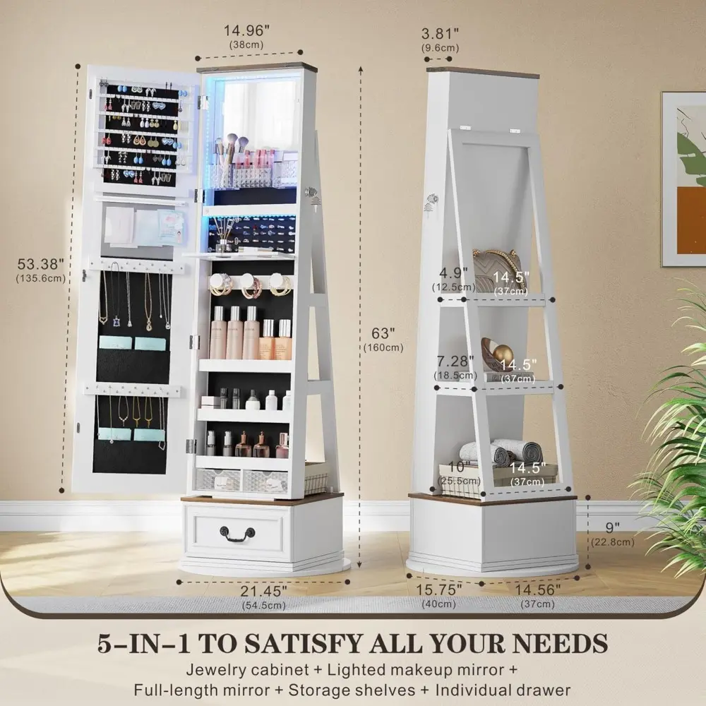 360°Swivel jewelry organizer with Full Length Mirror with Lights,Jewelry Armoire Cabinet Standing with Drawers,Large Mirror Stor