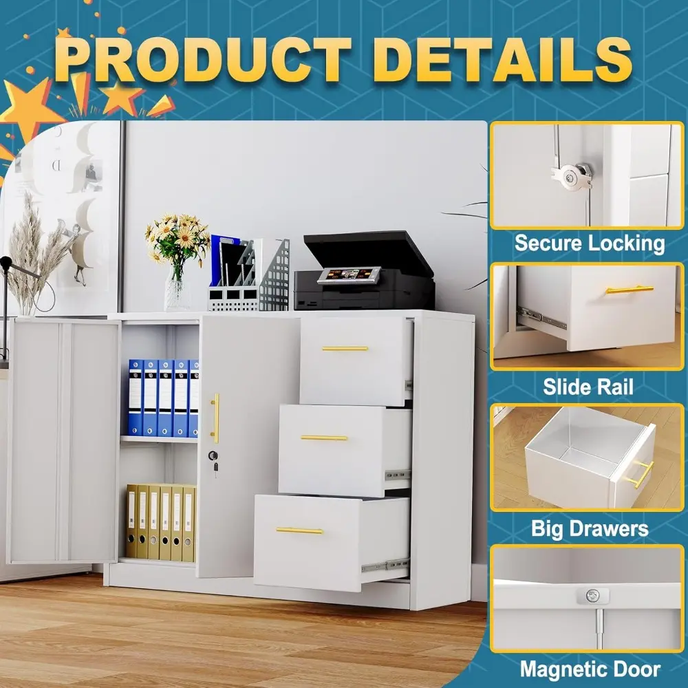 Lateral File Cabinet with 3 Drawers, Metal Filing Storage Cabinet with Lockable, Multi-Functional Accent Cabinet for Office Home