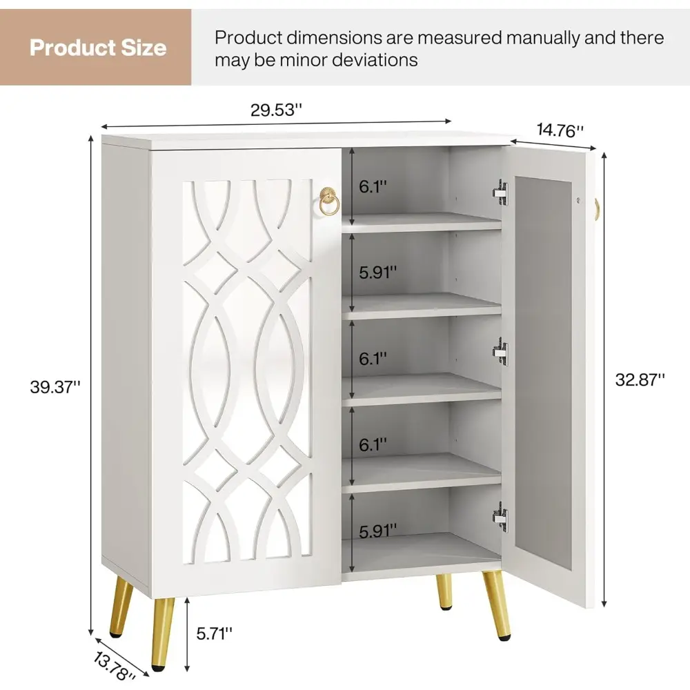 Mirrored Shoe Cabinet, 5-Tier White Modern Shoe Organizer Cabinet with Doors, Large Wooden Freestanding 25-Pair Shoe Rack Close