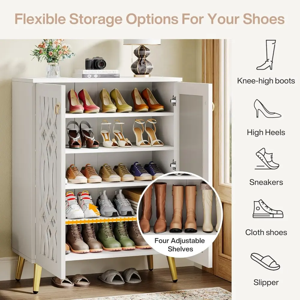 Mirrored Shoe Cabinet, 5-Tier White Modern Shoe Organizer Cabinet with Doors, Large Wooden Freestanding 25-Pair Shoe Rack Close