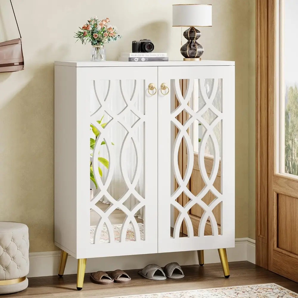Mirrored Shoe Cabinet, 5-Tier White Modern Shoe Organizer Cabinet with Doors, Large Wooden Freestanding 25-Pair Shoe Rack Close