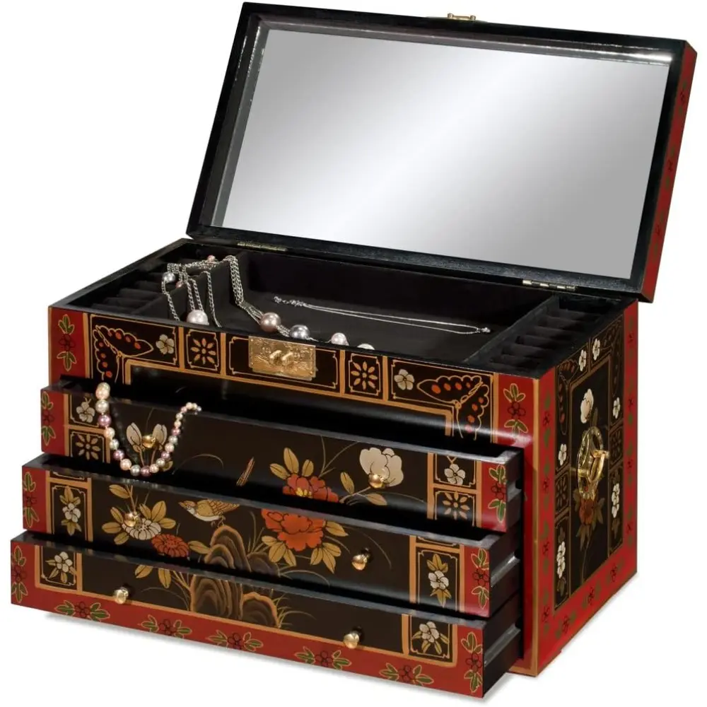 tibetan Flower Motif Jewelry Chest, Red and Black