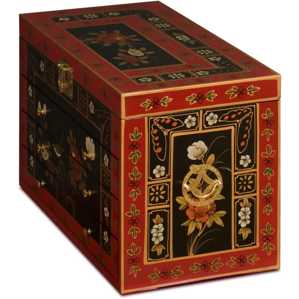 tibetan Flower Motif Jewelry Chest, Red and Black