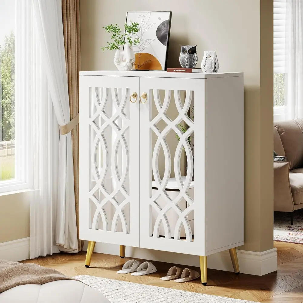 Mirrored Shoe Cabinet, 5-Tier White Modern Shoe Organizer Cabinet with Doors, Large Wooden Freestanding 25-Pair Shoe Rack Close
