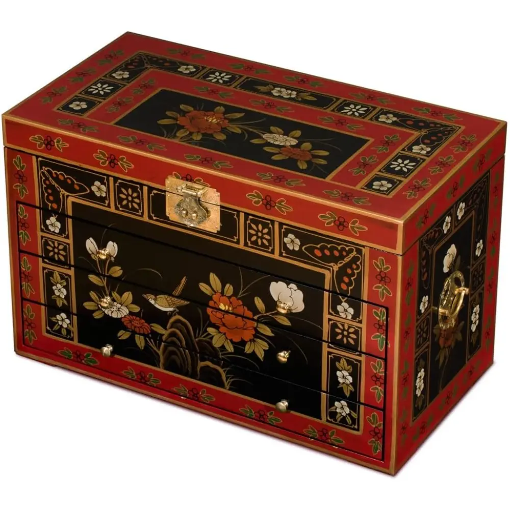 tibetan Flower Motif Jewelry Chest, Red and Black